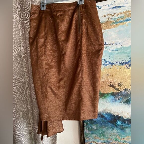 L.A.M.B. Skirt Women Sz  8  copper draped Bow Shimmer Gold Cotton Blend Straight - Picture 3 of 15